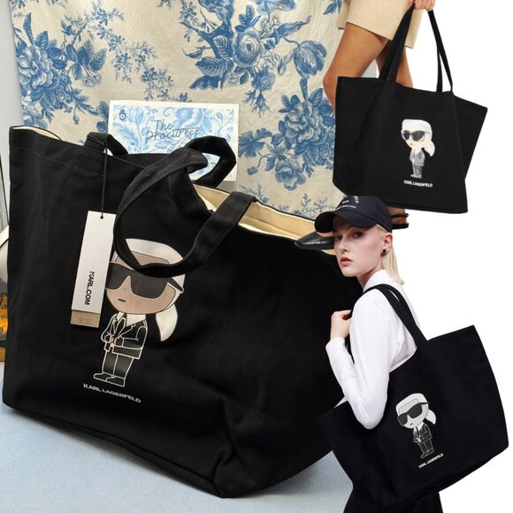 🆕 KARL LAGERFELD PARIS 🧿 NWT Black Ikonik 2.0 Tote Bag, Cartoon Karl Graphic - Picture 1 of 16
